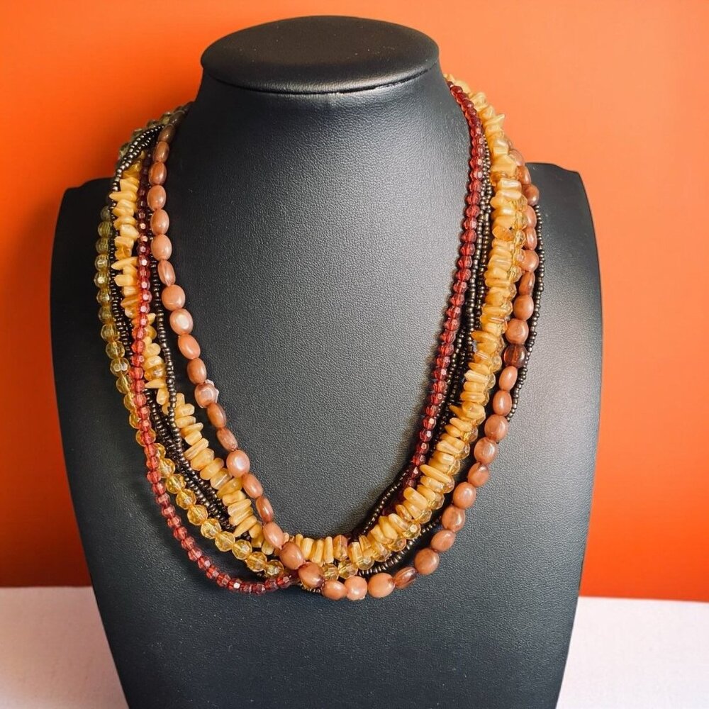 Multistrand Beaded Necklace Boho Earth Tone Layered Natural Stone Seed‎ Beads